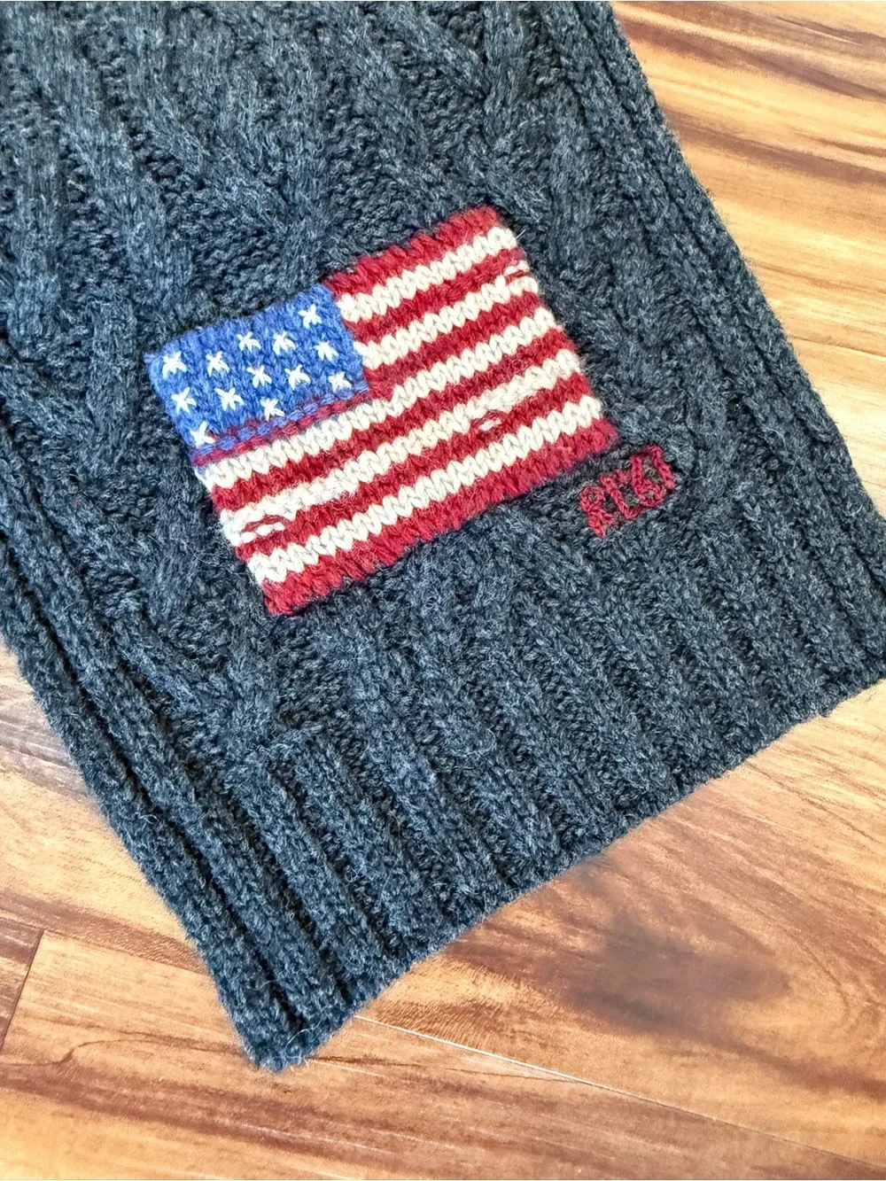 Vintage 90’s Polo by Ralph Lauren Charcoal Cable Knit Scarf with American Flag